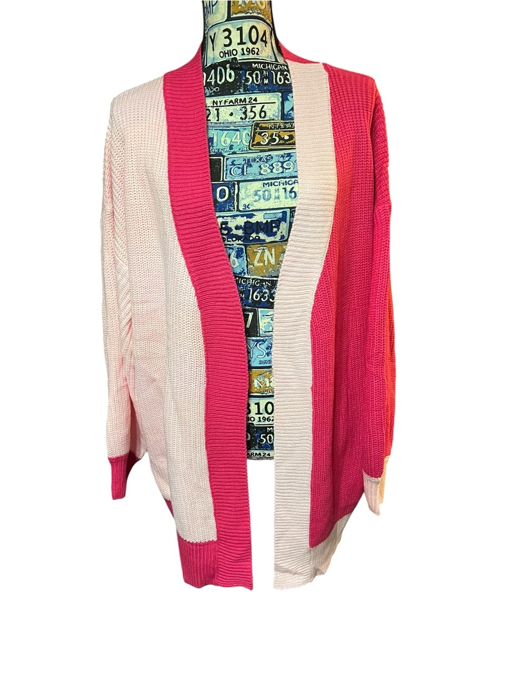 Two Tone Bright Pink Color Block Cardigan Preppy Glam Girlie Librarian Sz L